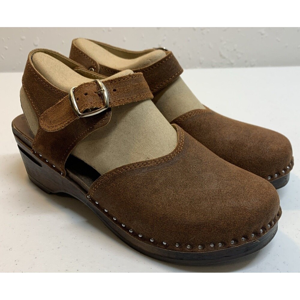 Troentorp Swedish Wooden Clogs Womens 8 39 Brown Suede Leather Mary Jane
